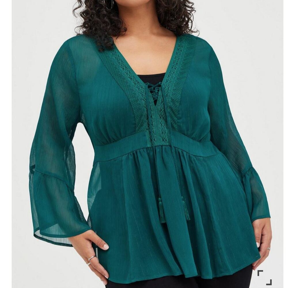 Torrid Size 0 L Babydoll Chiffon Blouse Bell Sleeve Lace-Up Green - Picture 2 of 12